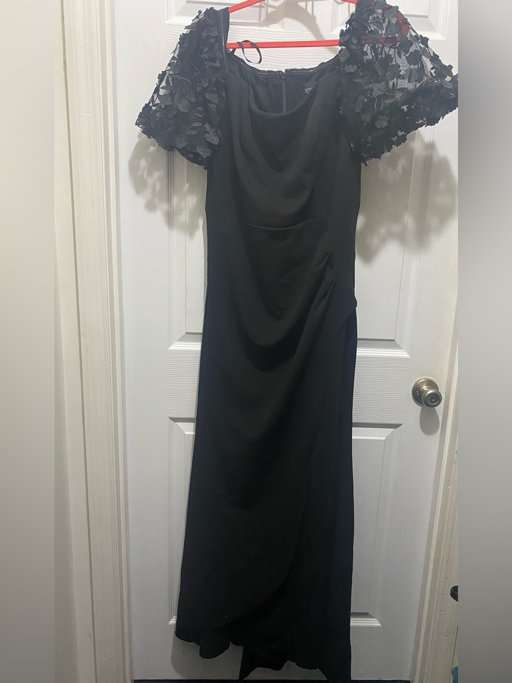 Xscape 16 Black Maxi Dress with Floral Appliqué Sleeves